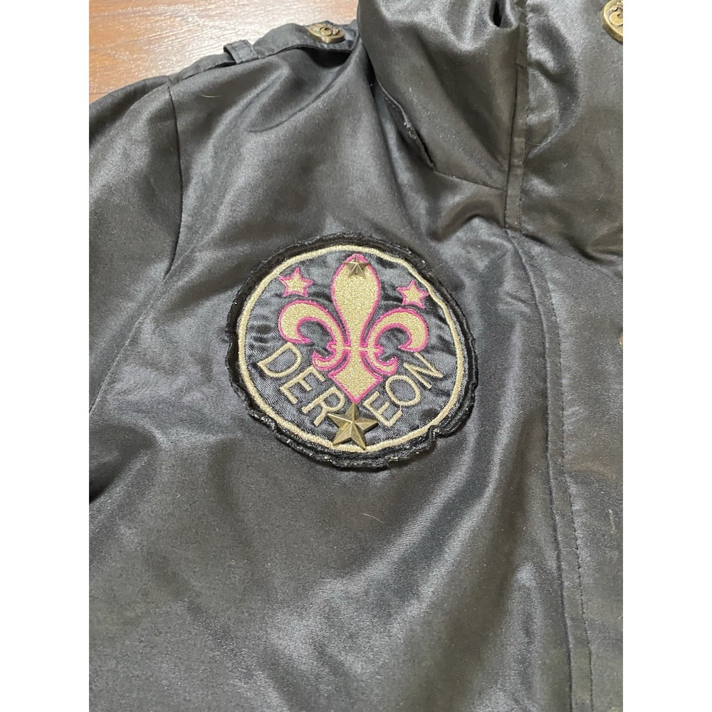 Dereon Black Quilted Puffer Bomber Jacket with Army Embroidered Patches - Picture 2 of 11